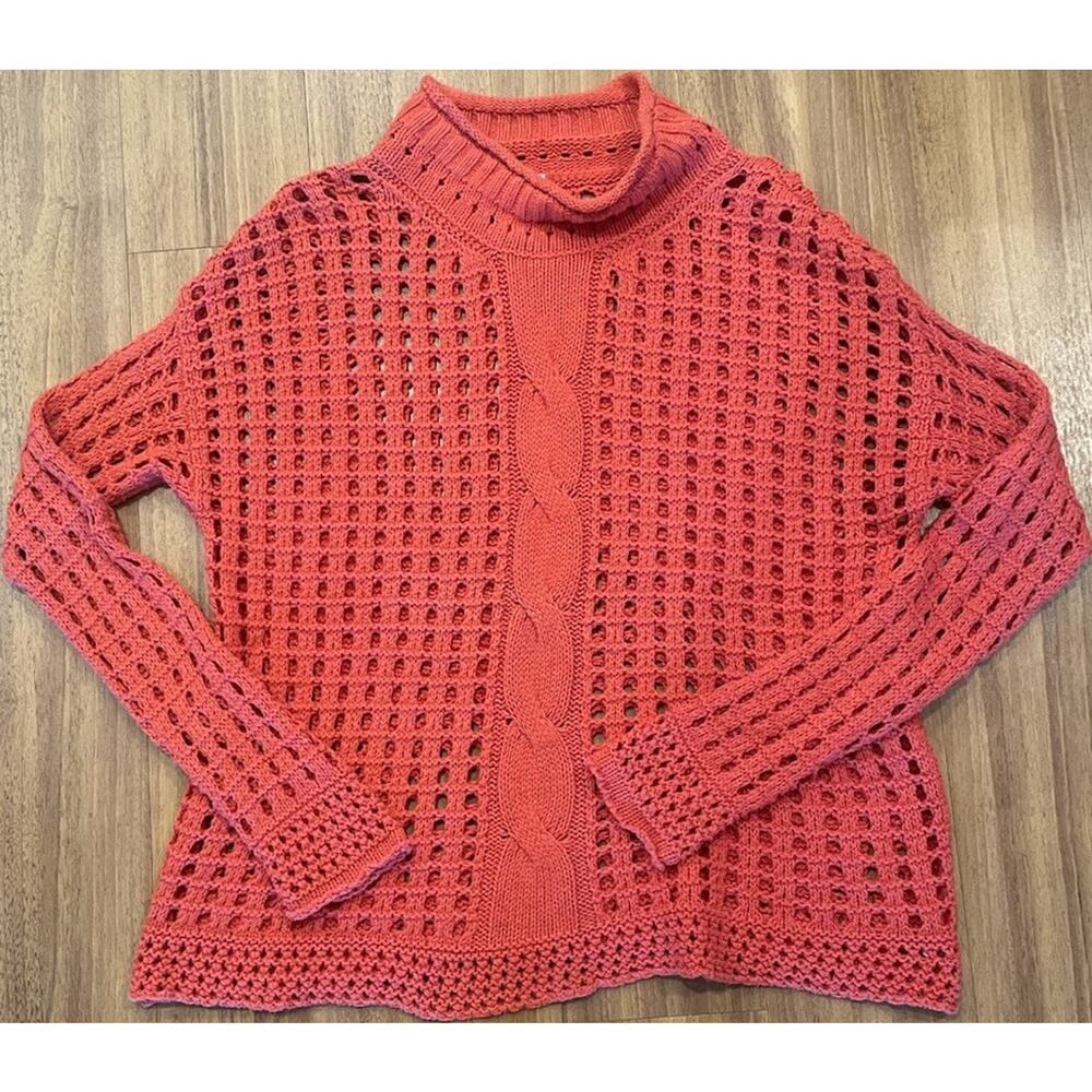 Free People Women's Pullover Sweater S Coral Cotton Mock Neck Cable Knit Long S…